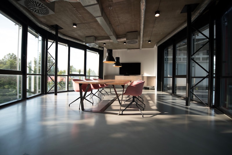 commercial boardroom with fancy tables and lighting